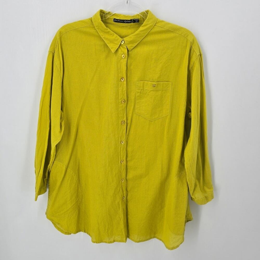 Gudrun Sjoden Chartreuse Cotton Tunic Shirt Button Front Pockets Textured Size L